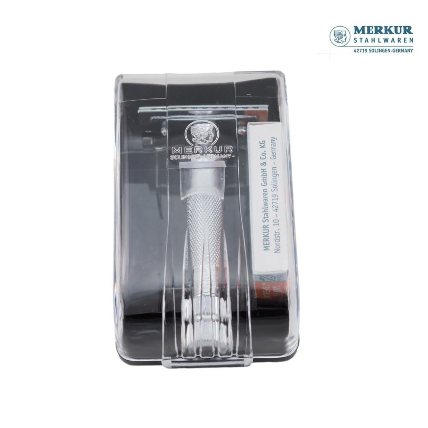 Merkur 34C 2-Piece DE Safety Razor, Closed Comb, Knurled Extra Thick Handle (HD), Chrome, in Hard Plastic Case with 10 Blades