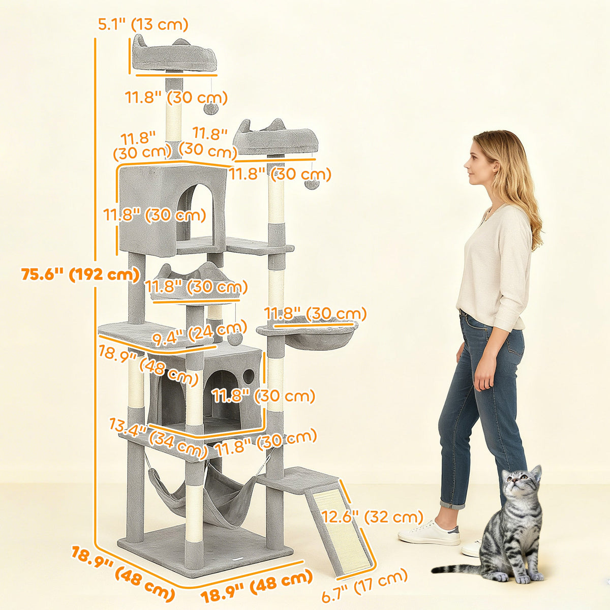 76" Large Cat Tree for Indoor Cats with 8 Scratching Posts, 3 Plush Beds, 2 Hammocks, 2 Large Condos, Ramp, Dark Grey