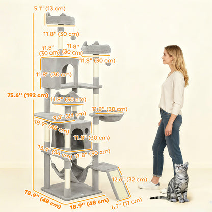76" Large Cat Tree for Indoor Cats with 8 Scratching Posts, 3 Plush Beds, 2 Hammocks, 2 Large Condos, Ramp, Dark Grey