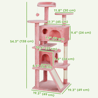 54" Cat Tree, Multi-Level Cat Tower with Scratching Posts, Cat Condos, Bed, Platforms, Ramp, Toy Ball, Beige