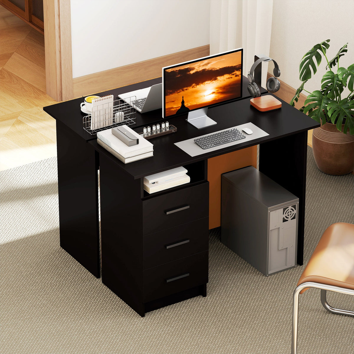 Computer Desk with Storage, 39" Home Office Desk with 3 Drawers nad Open Shelf, Writing Table for Bedroom, White