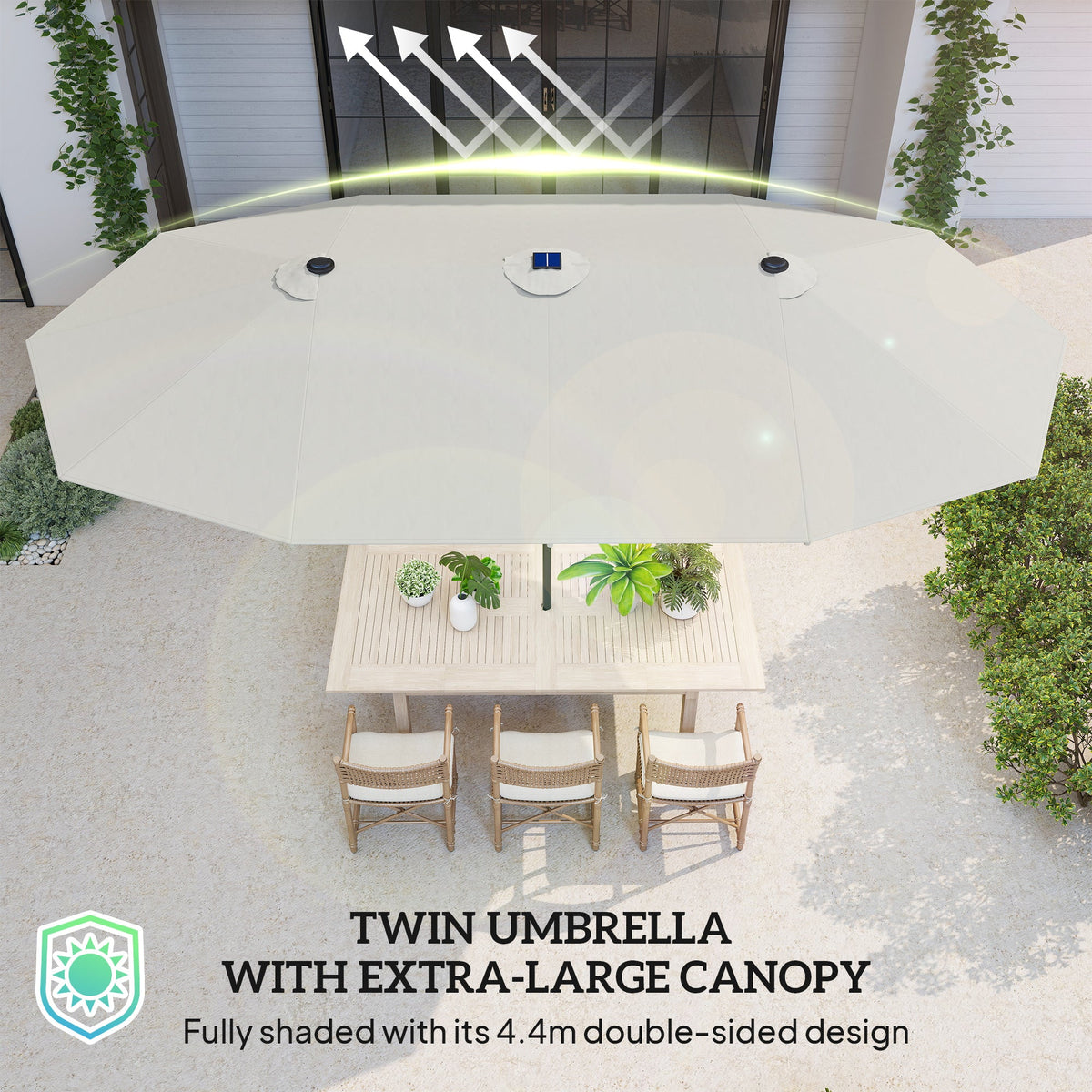 174" Double-Sided Sun Umbrella Garden Parasol Patio Sun Shade Outdoor with LED Solar Light, Khaki