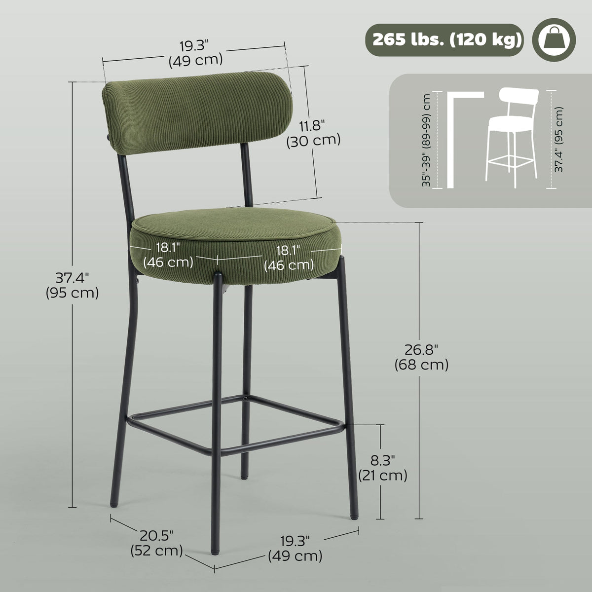 Set of 2 Barstools, Upholstered Corduroy Bar Stools with Backrest, Footrest for Kitchen Island, Dining Room, Green