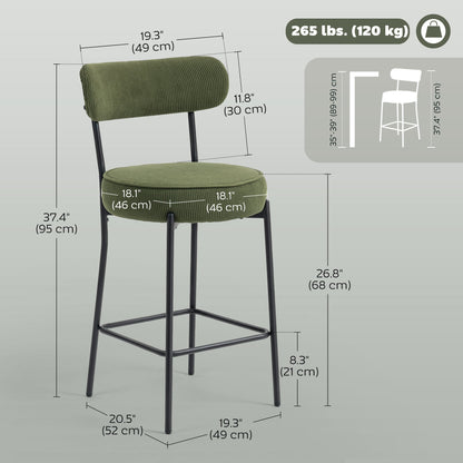 Set of 2 Barstools, Upholstered Corduroy Bar Stools with Backrest, Footrest for Kitchen Island, Dining Room, Green
