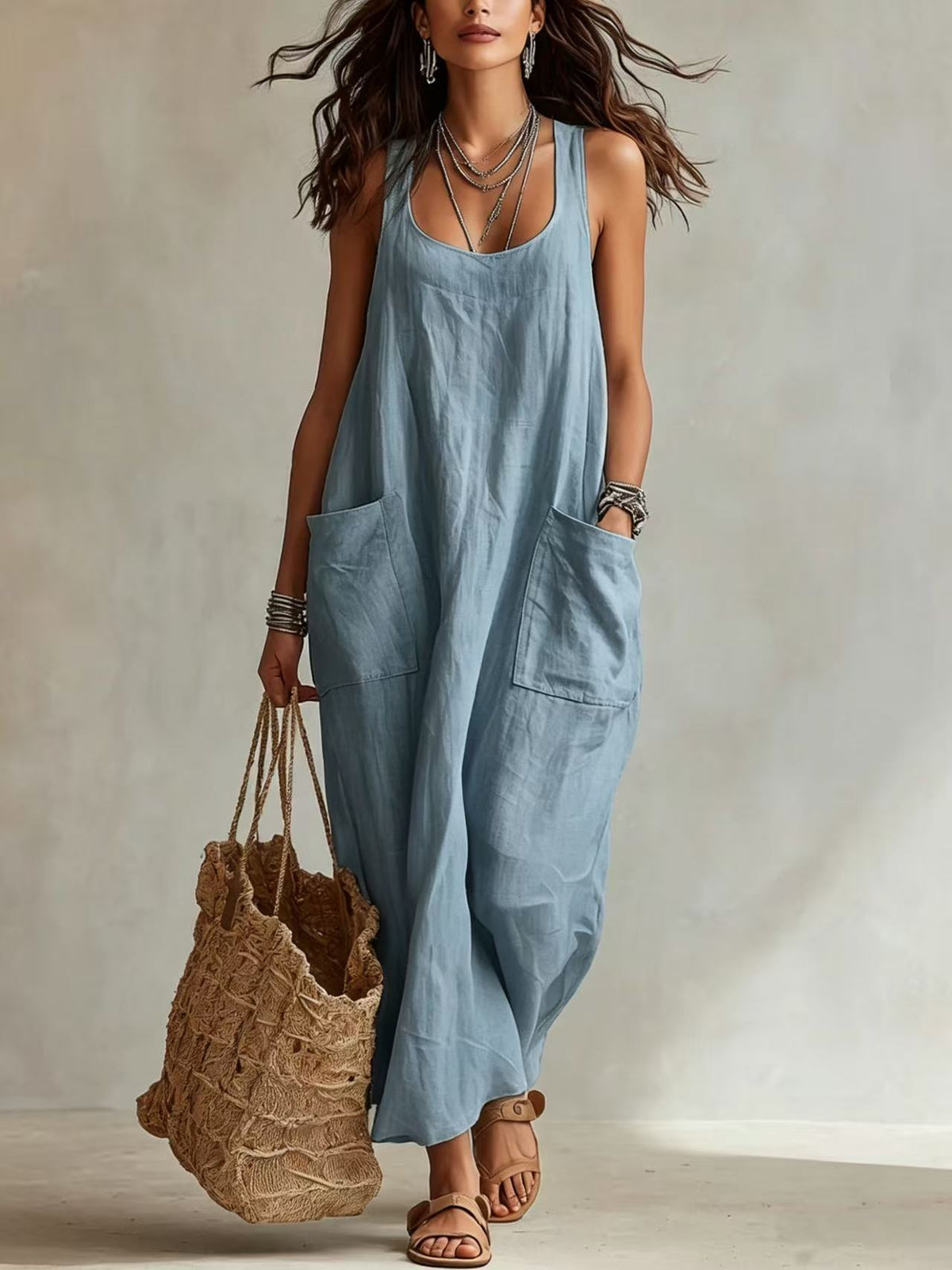 Elegant Casual Long Slip Dress With Pockets