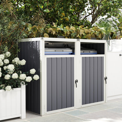 Double Garbage Bin Shed, Lockable Outdoor Storage Shed with Openable Lid, Galvanized Frame for Garden Patio, Dark Grey