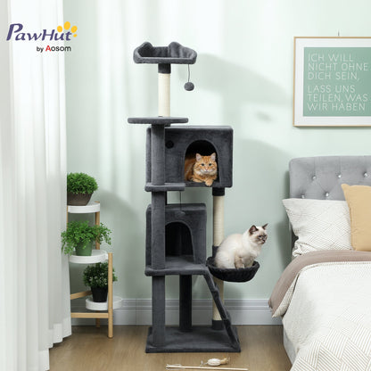 63 Inch Cat Tree with Sisal Scratching Posts, Condos, Plush Perches, Hammock, Ladder, Dangling Balls, Beige