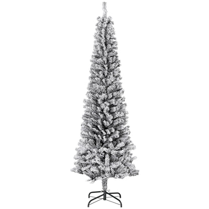 6ft Flocked Christmas Tree, Pencil Christmas Tree with Realistic Branch Tips, Folding Metal Stand, Green