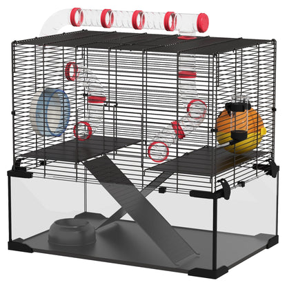 Hamster Cage with Deep Glass Bottom, Tunnel Tube System, Platforms, Hut, Exercise Wheel, Water Bottle, 24" x 16" x 22"
