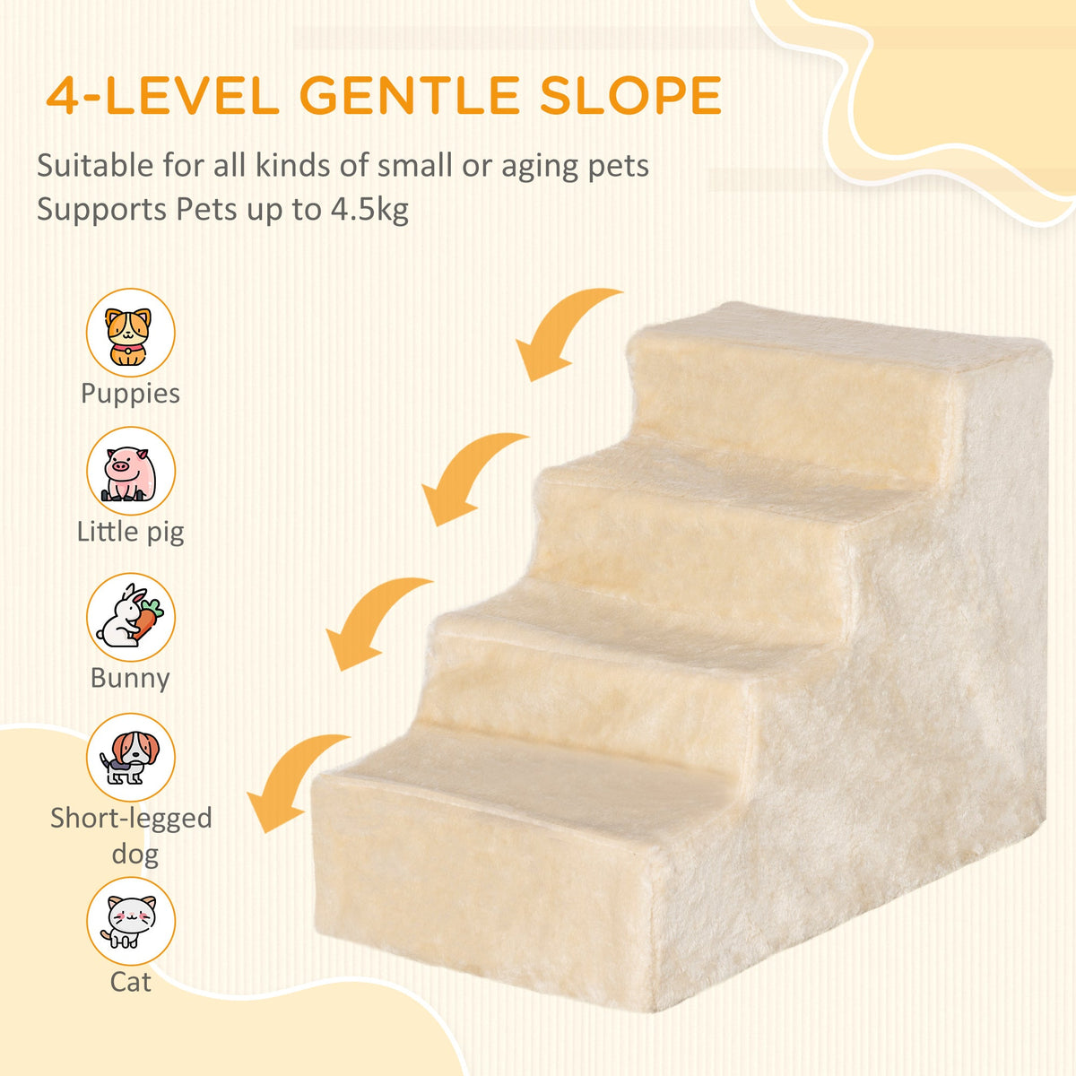 4-Step Dog Ramp for Sofa, Bed, and Couch, with Removable Cover, Light Grey