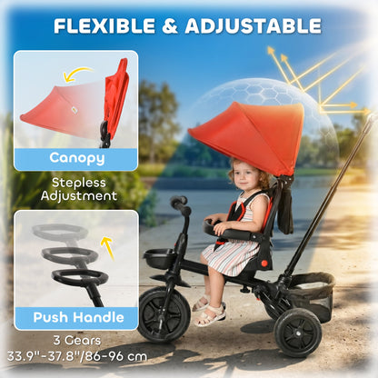 Tricycle for Toddler 5 in 1 Kids Trike, Foldable Converts Stroller to Toddler Bike, Adjustable Backrest & Curved Canopy, Detachable Guardrail & Handle for 1-5 Years Old, Black