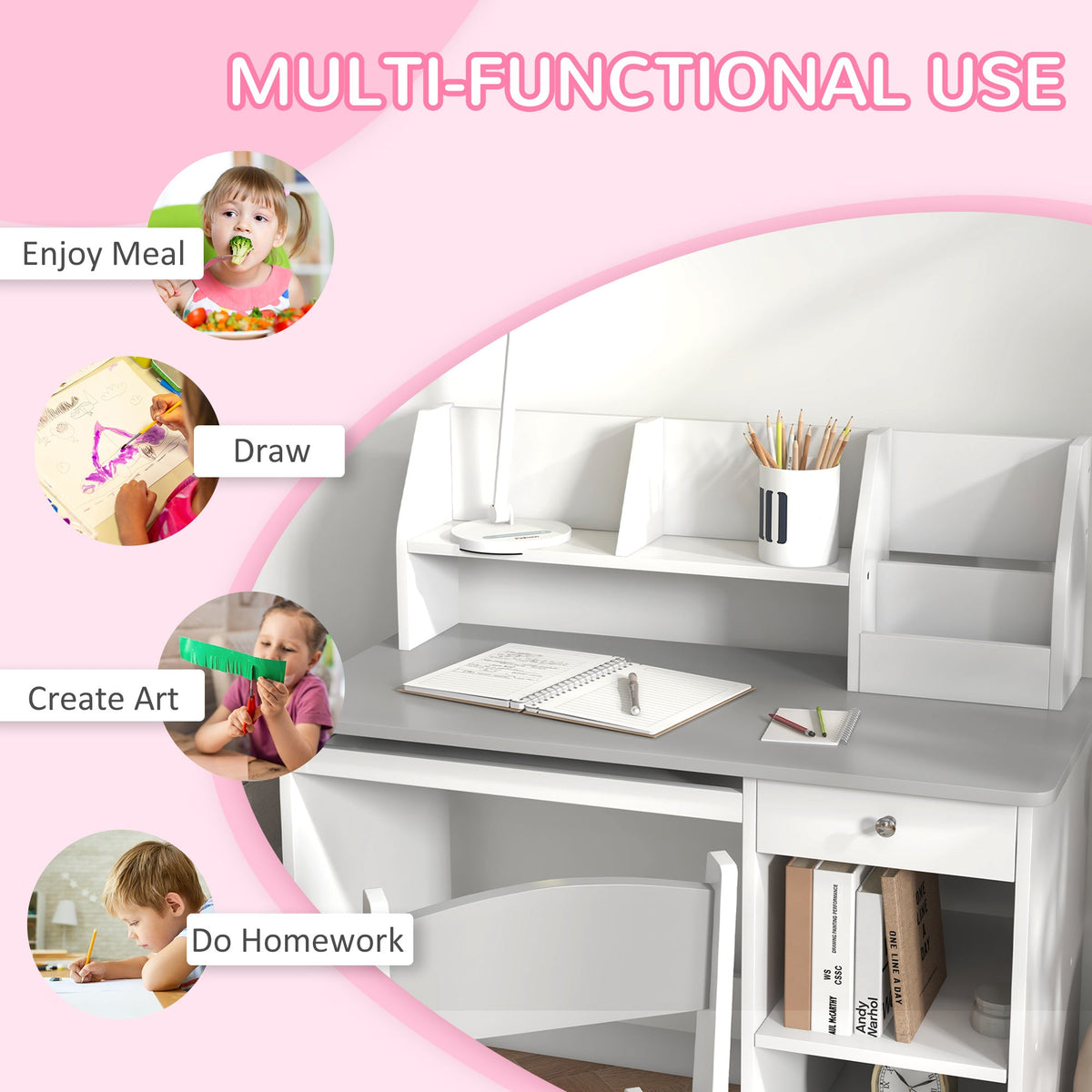 Kids Desk and Chair Set for 5-8 Year Old with Storage, Study Table and Chair for Children, Grey