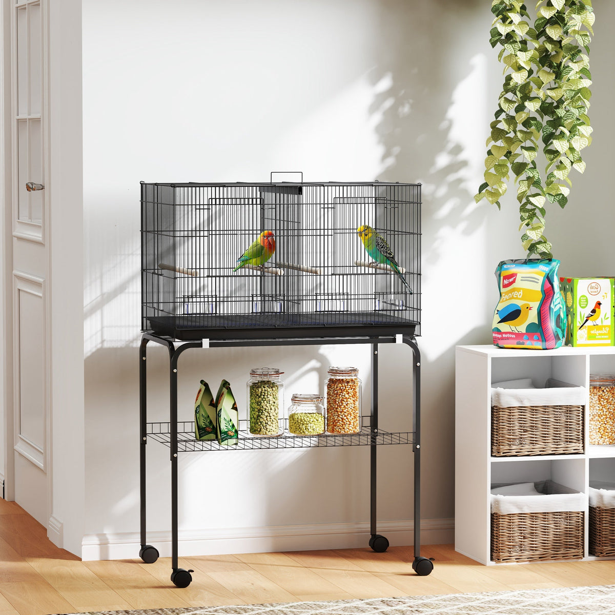 18" H Bird Cage, Large Parakeet Cage for Budgie, Lovebird, Canary, Finches with Divider, Black