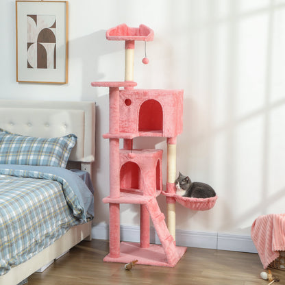 63 Inch Cat Tree with Sisal Scratching Posts, Condos, Plush Perches, Hammock, Ladder, Dangling Balls, Beige
