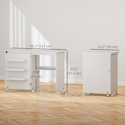 Sewing Machine Cabinet, Folding Sewing Table with Storage Shelf, Bins and Lockable Wheels for Small Space, Brown