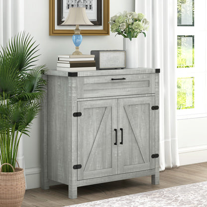 Farmhouse Kitchen Storage Cabinet, Sideboard Buffet Cabinet with 2 Rustic Barn Doors and Drawer, Oak