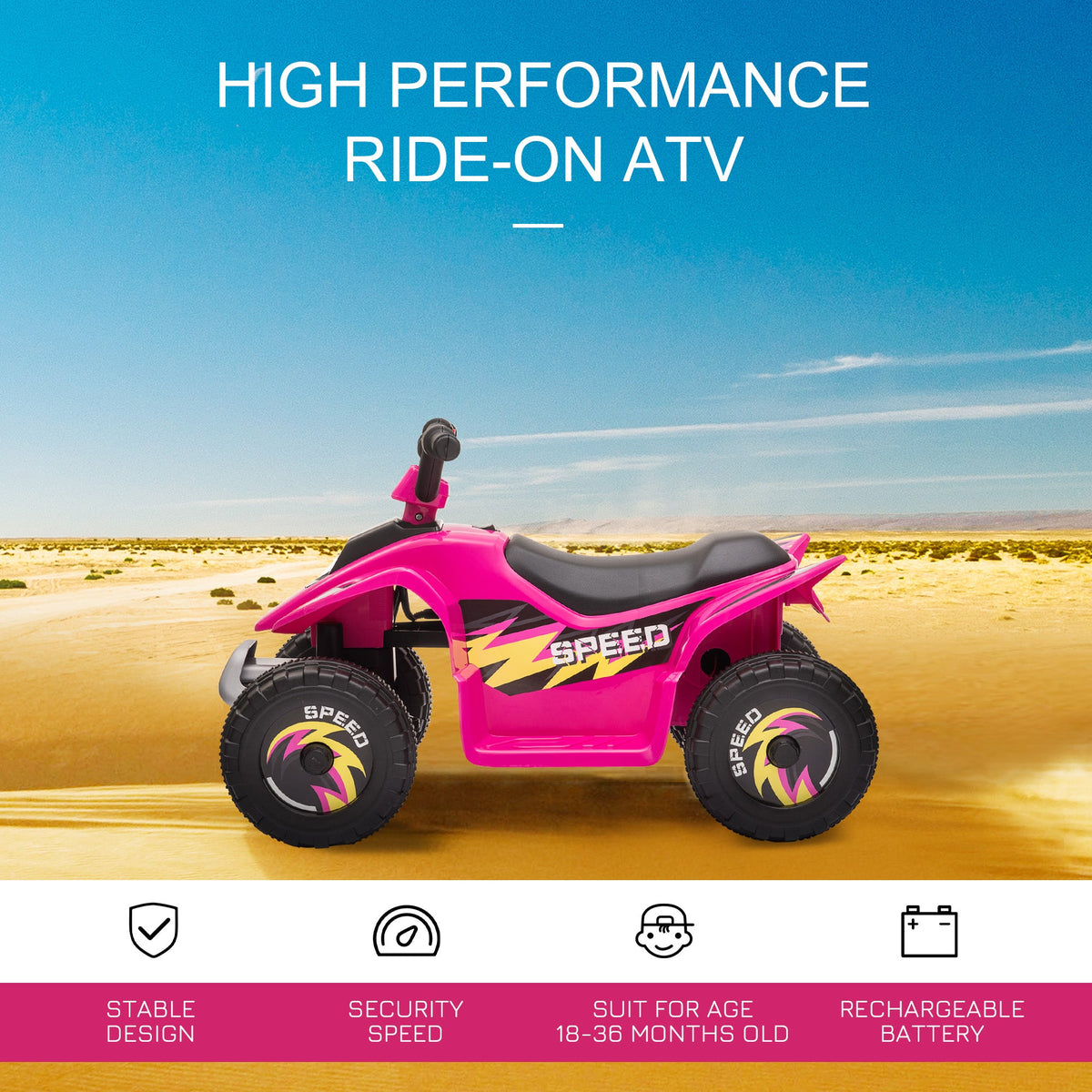 Kids Ride on ATV, 6V Battery Powered Quad Car with Forward, Reverse Switch, for Boys Girls 18-36 Months, Black