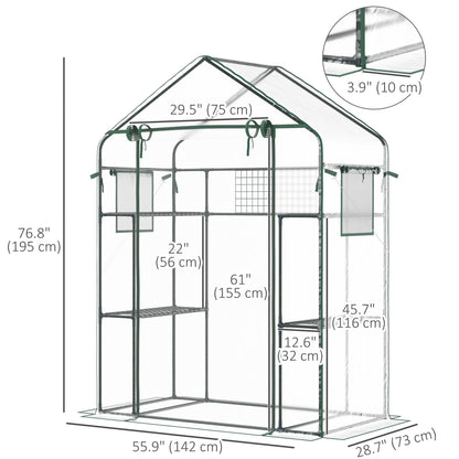 Walk-in Greenhouse with 4 Shelves, 56" x 29" x 77" Mini Greenhouse ,Roll-Up Door, Mesh Windows for Seedling, Flowers, Plant Growing, Clear