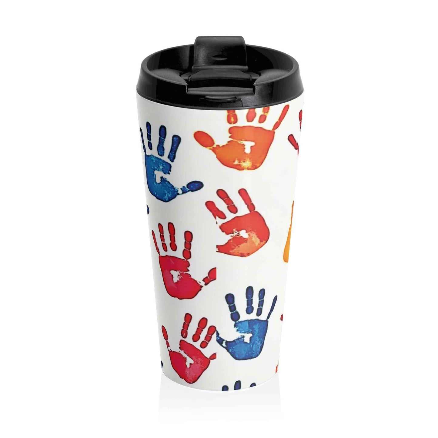 Colorful Handprint Stainless Steel Travel Mug — Kids Art Pattern, Spill‑Resistant Coffee Tumbler