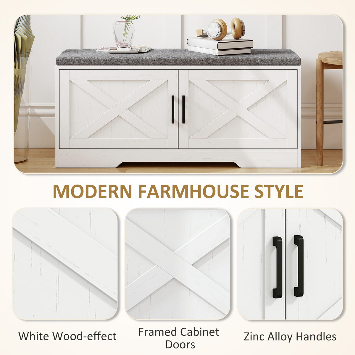 Shoe Bench with Cushion Shoe Storage Bench with Doors Adjustable Shelves for Entryway, White