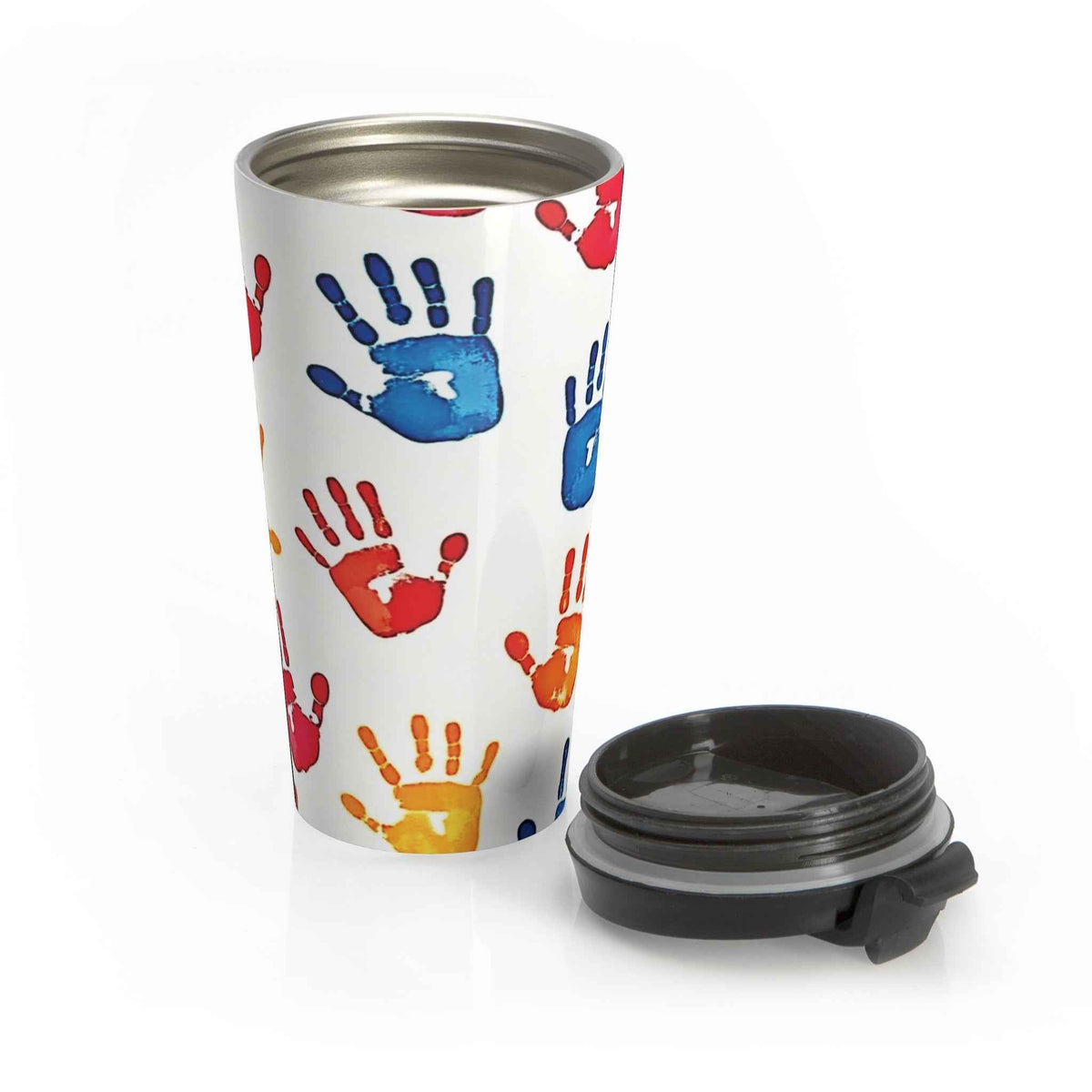Colorful Handprint Stainless Steel Travel Mug — Kids Art Pattern, Spill‑Resistant Coffee Tumbler