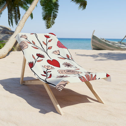 Floral Hearts Beach Towel — Red Rose & Heart Pattern Summer Towel