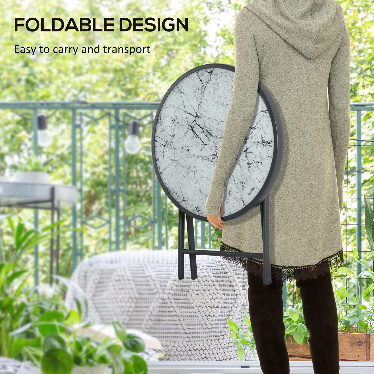 18" Outdoor Round Folding Table, Garden Side Table with Tempered Glass Top for Camping, Party, Weddings, Black