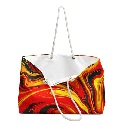 Fiery Abstract Swirl Weekender Bag | Red Orange Yellow Marble, Large Tote