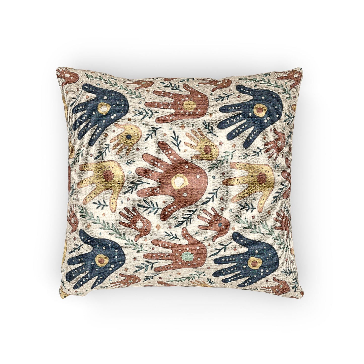 Woven Pillow — Boho Handprint Pattern Decorative Throw Pillow (Earth Tones)
