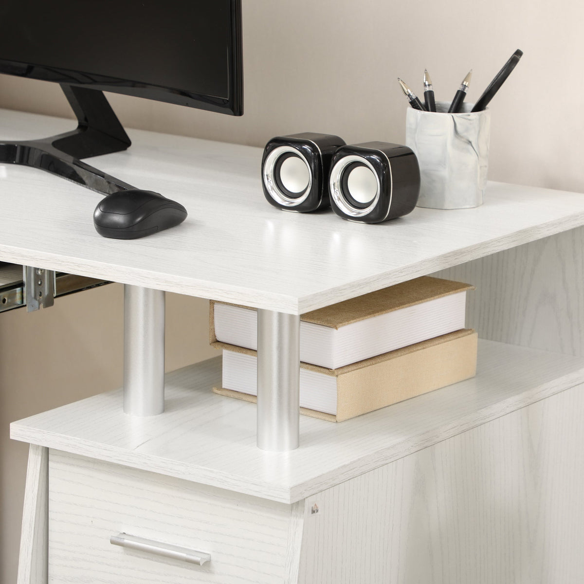 47" Computer Desk with Keyboard Tray and Storage Drawers, Home Office Workstation Table with Storage Shelves, Black