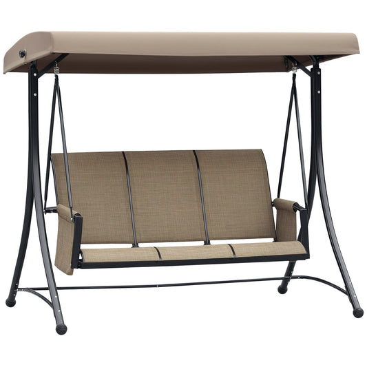 3 Person Porch Swing Outdoor Swing Chair with High Back Design, Side Pouches and Adjustable Canopy, Brown