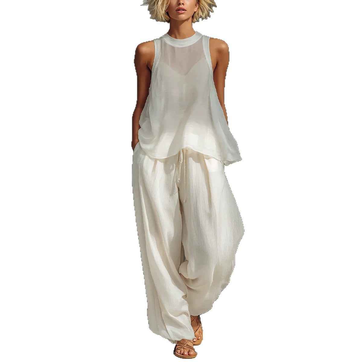 Sheer Round-neck Sleeveless Tank Top And Drawstring Wide-leg Pants Set