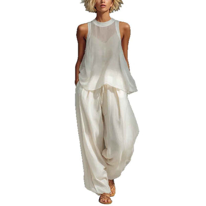 Sheer Round-neck Sleeveless Tank Top And Drawstring Wide-leg Pants Set