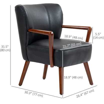 Accent Chair, Modern Armchair, Faux Leather Upholstered Living Room Chair with Wood Legs and Wide Padded Seat, Black