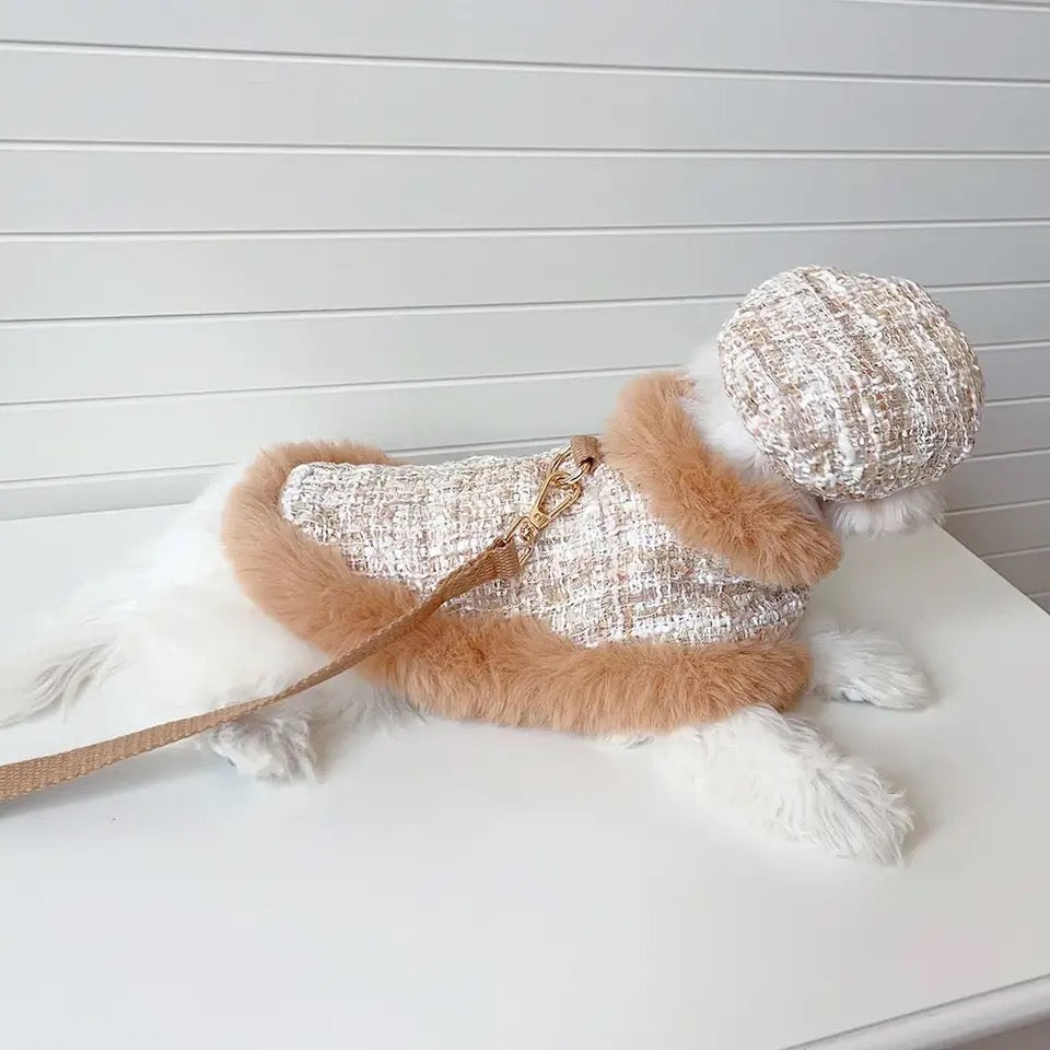Dog Harness Hat & Leash Set | Cappuccino Tweed Dog Walking Set