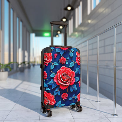 Floral Rose Carry-On Suitcase — Vibrant Red Roses on Navy Travel Luggage