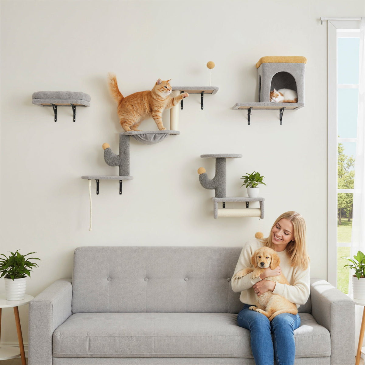 Cat Wall Shelves, 4 Pcs Cat Wall Furniture Set with Scratching Posts, Condo, Hammock, Perchs, Light Grey