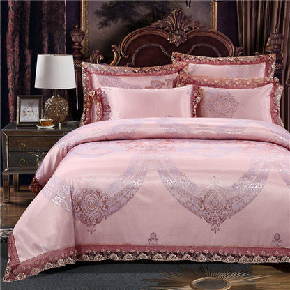 Jacquard Cotton Four‑Piece Luxury Bedding Set – Pure Cotton Duvet Cover &amp; Silk‑Satin Finish Bed Sheet