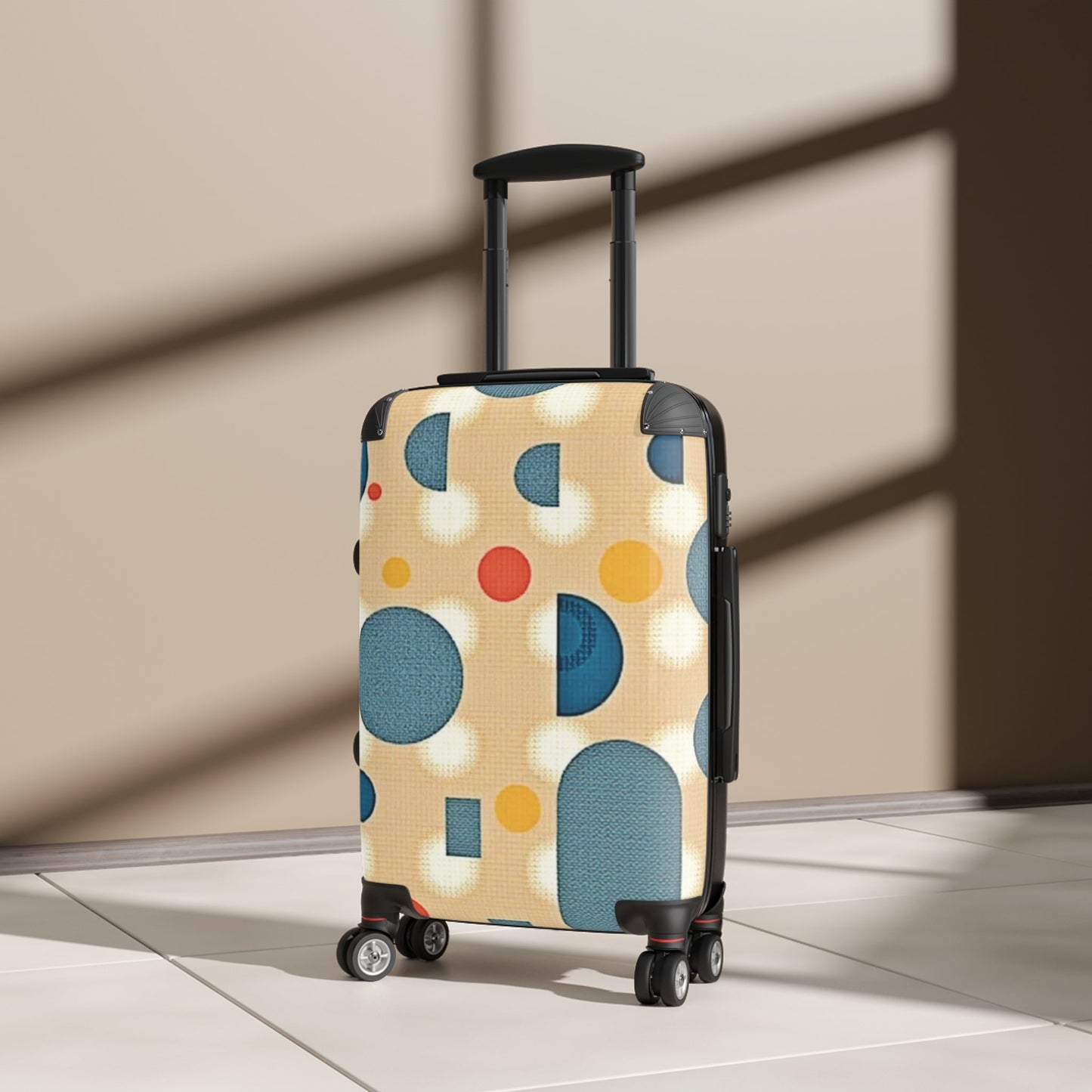 Retro Polka Dot Carry-On Suitcase — Midcentury Blue & Mustard Travel Luggage