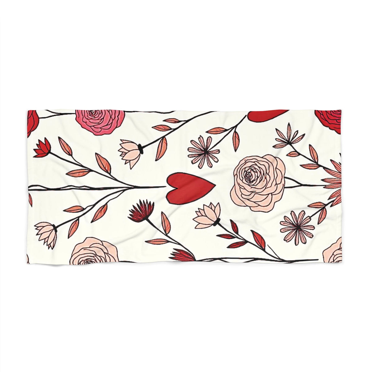 Floral Hearts Beach Towel — Red Rose & Heart Pattern Summer Towel