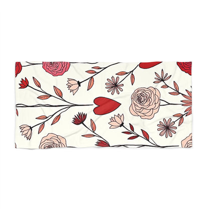 Floral Hearts Beach Towel — Red Rose & Heart Pattern Summer Towel