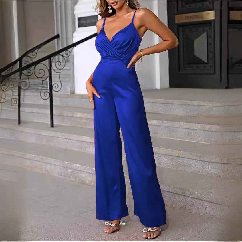 Fitted-waist Strapless Chic V-neck Wide-leg Jumpsuit