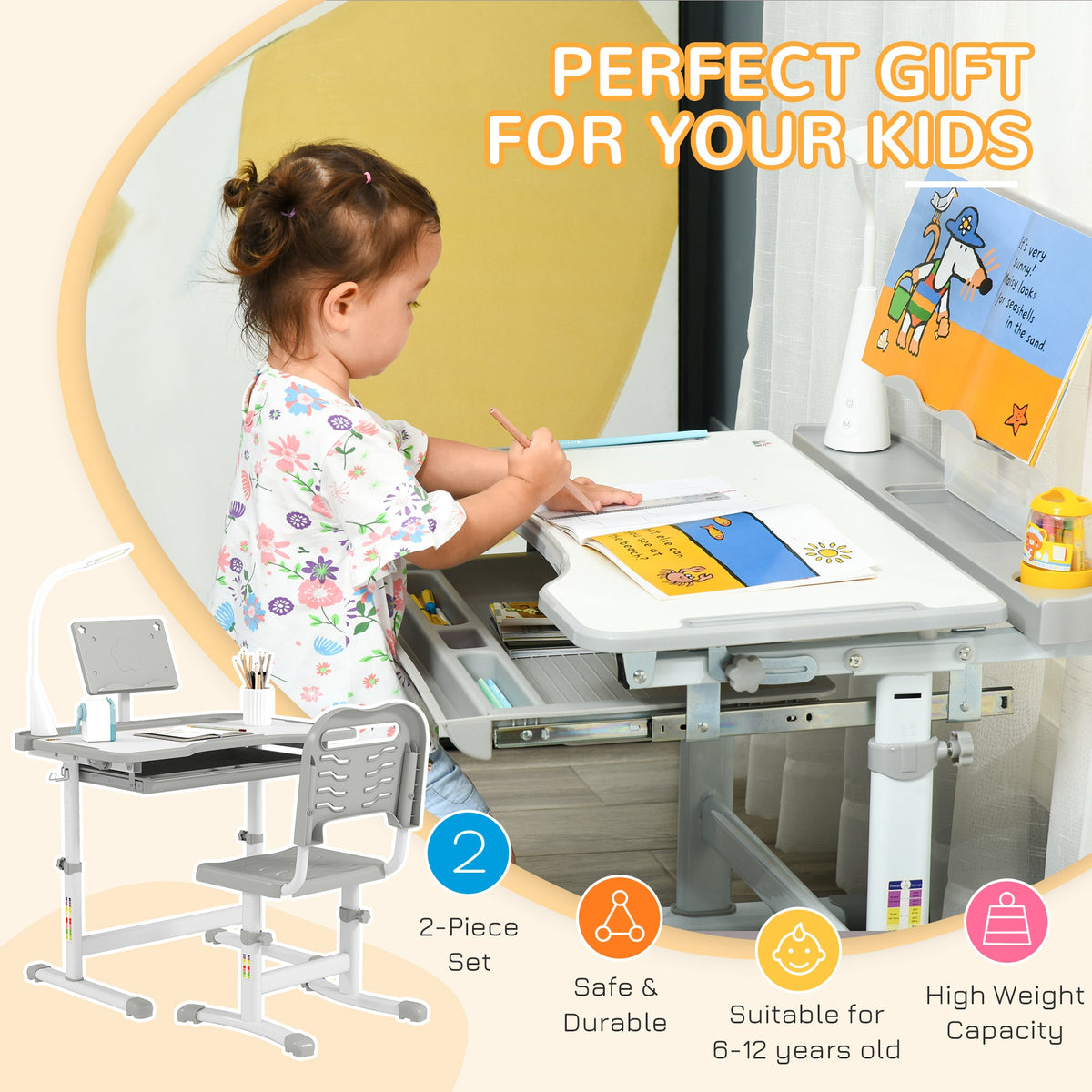 Kids Desk and Chair Set Height Adjustable Student Writing Desk Children School Study Table with Tilt Desktop, Blue