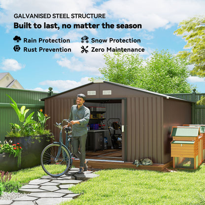 11' x 13' Outdoor Metal Storage Shed Large Tool House with Weatherproof Construction, Vent, Foundation Kit, Brown