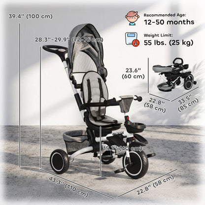 Tricycle for Toddler 6-in-1 Kids Trike, Foldable Converts Stroller to Baby Push Bike, Adjustable Backrest with Detachable Guardrail & Handle, Brake for 1-4 Years Old, Grey