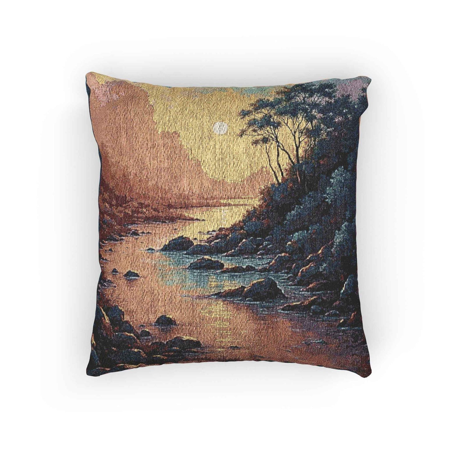Sunset Cove woven pillow | coastal landscape tapestry throw pillow