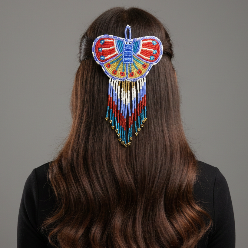 Butterfly Beaded Barrettes with Fringes Red& Purple