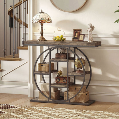 39.4" Console Table with Storage Shelves, Industrial Sofa Table for Living Room, Hallway, Rustic Brown
