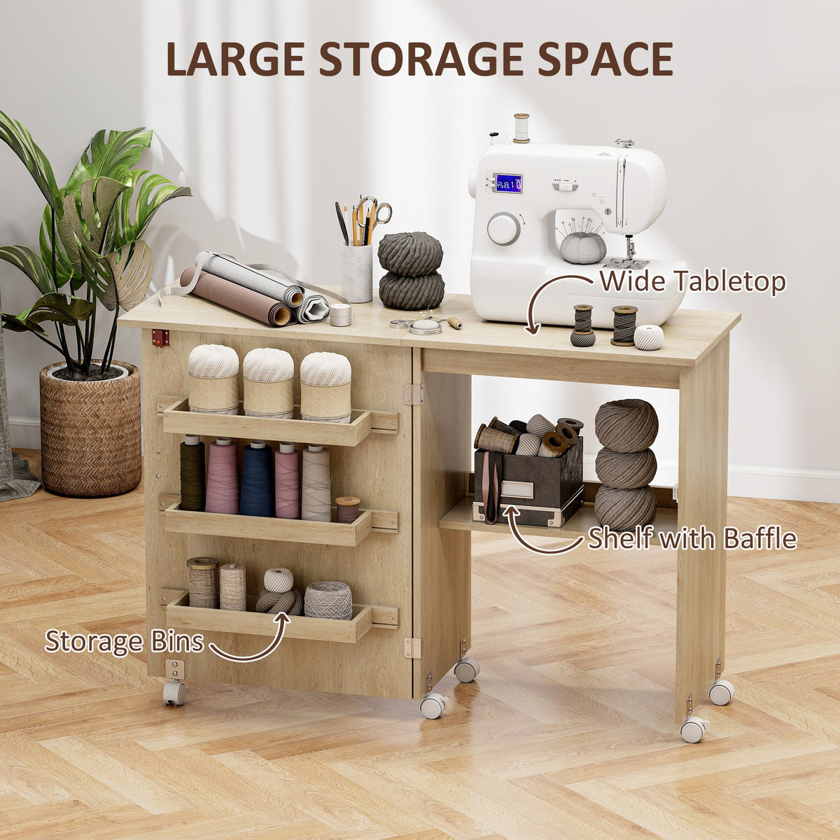 Sewing Machine Cabinet, Folding Sewing Table with Storage Shelf, Bins and Lockable Wheels for Small Space, Brown