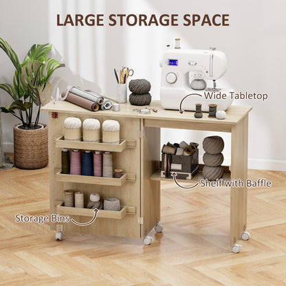 Sewing Machine Cabinet, Folding Sewing Table with Storage Shelf, Bins and Lockable Wheels for Small Space, Brown